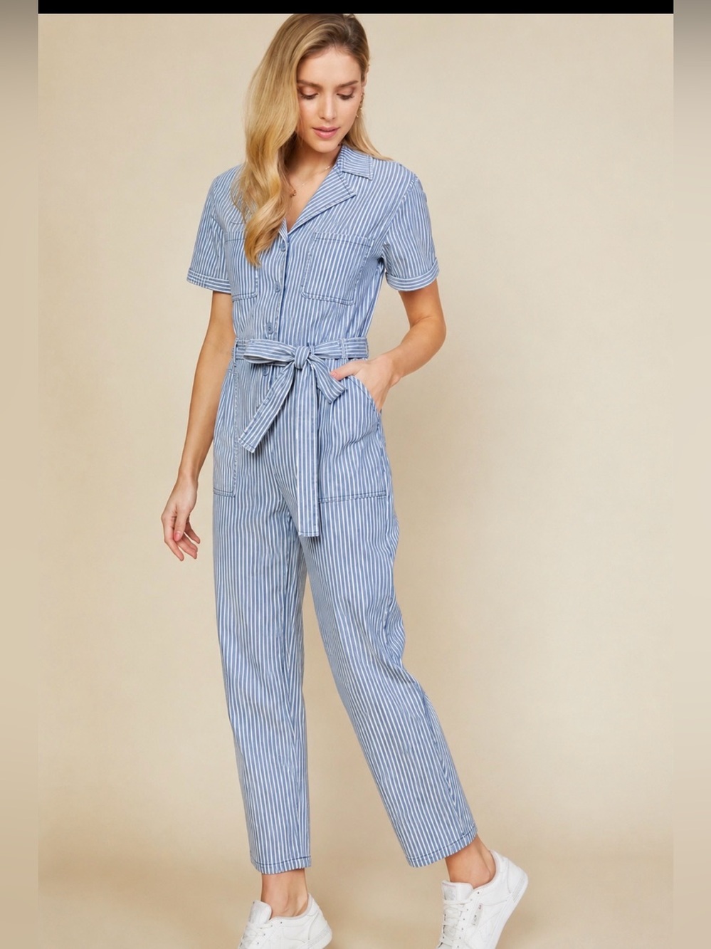 Skies are Blue Striped Blue Utility Jumpsuit with Waist Tie NWT Small